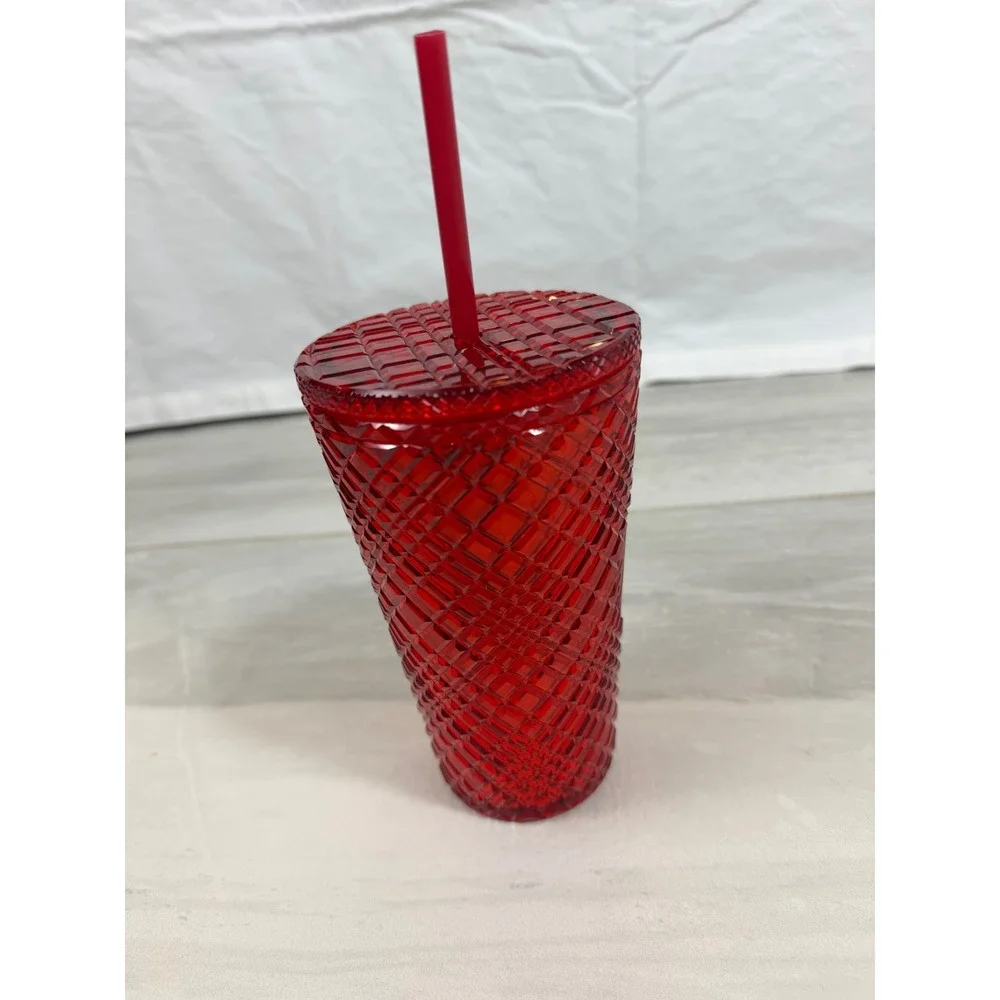 Starbucks 2021 Holiday Red Grid Textured Cold Cup Tumbler 16oz With Straw